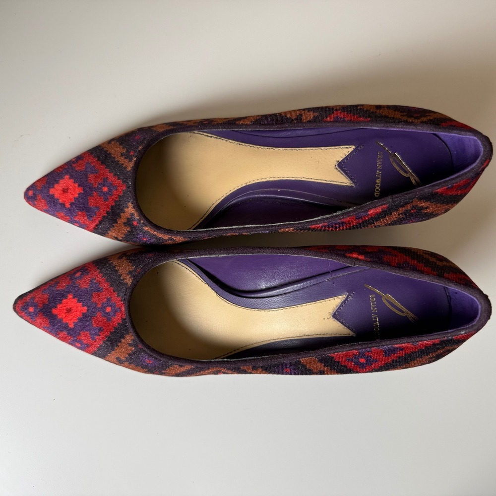 Brian Atwood Kilim Tapestry Pointed Toe Pumps Gold Cage Block Heel Purple Size 7